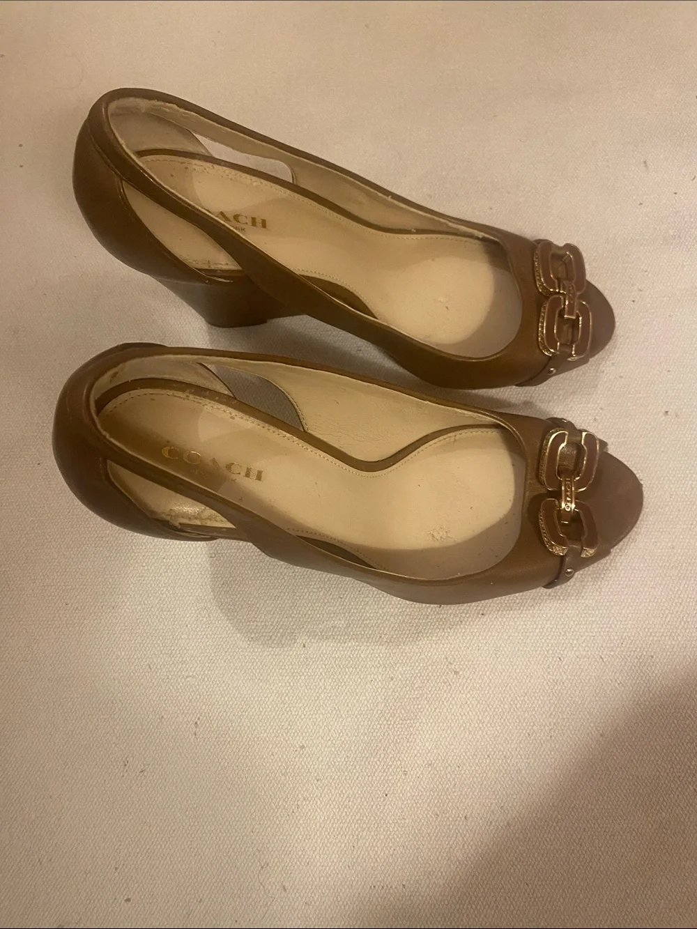 Coach Tan Leather Peep-Toe Heels with Gold Hardware